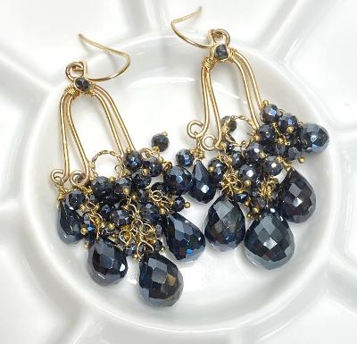 Gemstone Black Spinel Gold Fill Handmade Chandelier Earrings