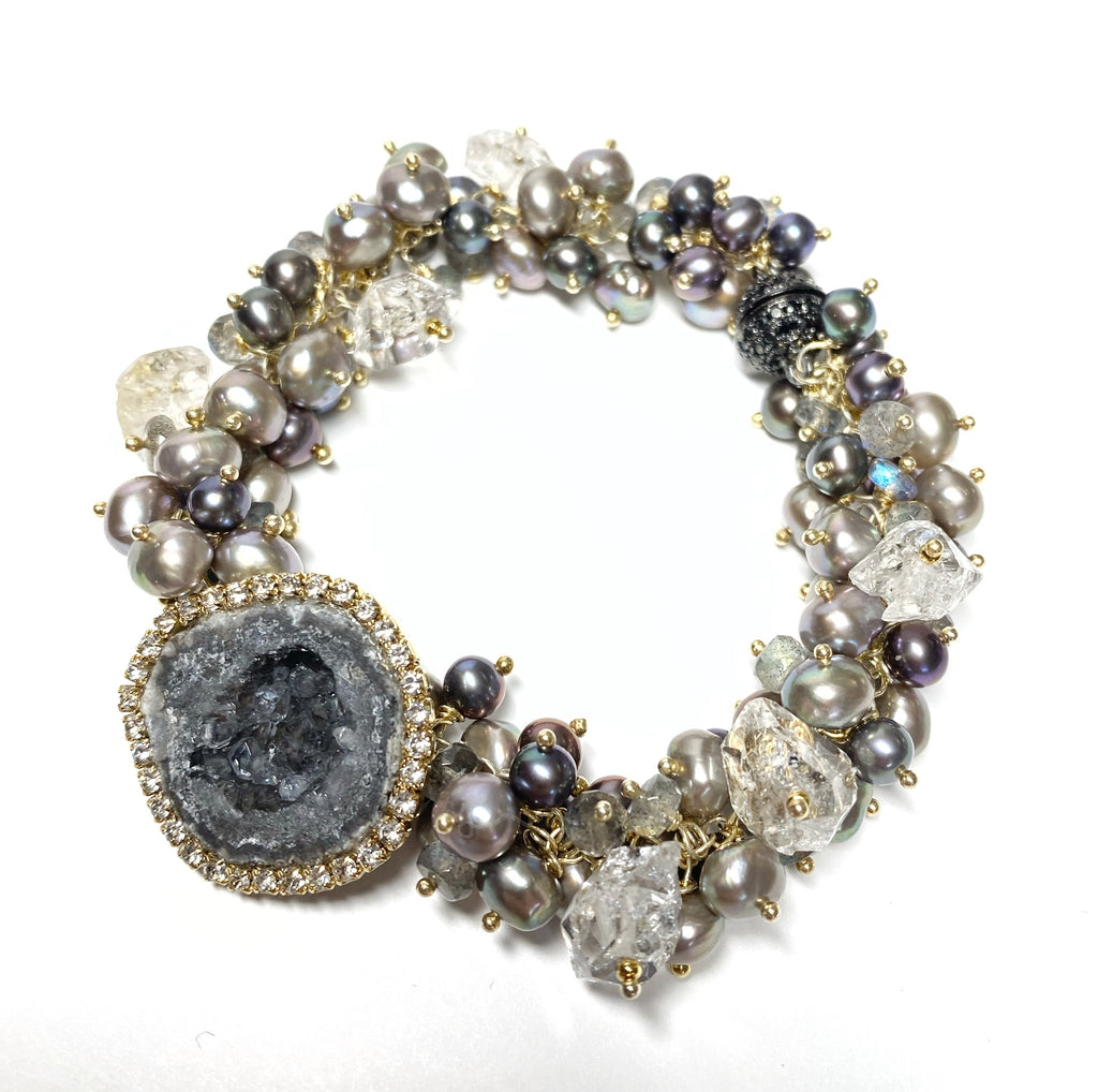 Black Tabasco Geode Cluster Bracelet with Herkimer Diamond Quartz