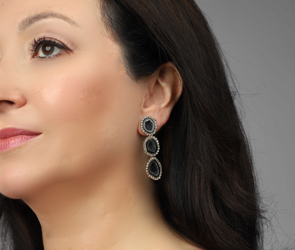 Black Tabasco Geode Triple Dangle Earrings