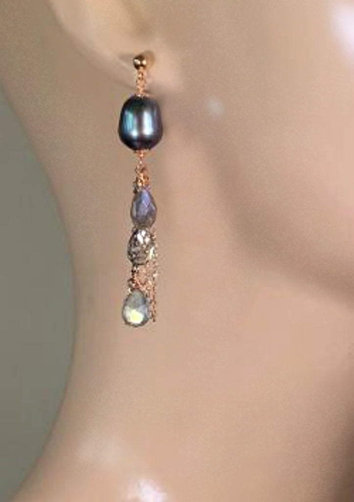 Rose Gold Labradorite and Pearl Dangle Earrings