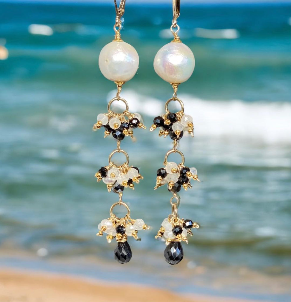 Edison Pearl Long Dangle Earrings with Black Spinel, White Pearl, Moonstone