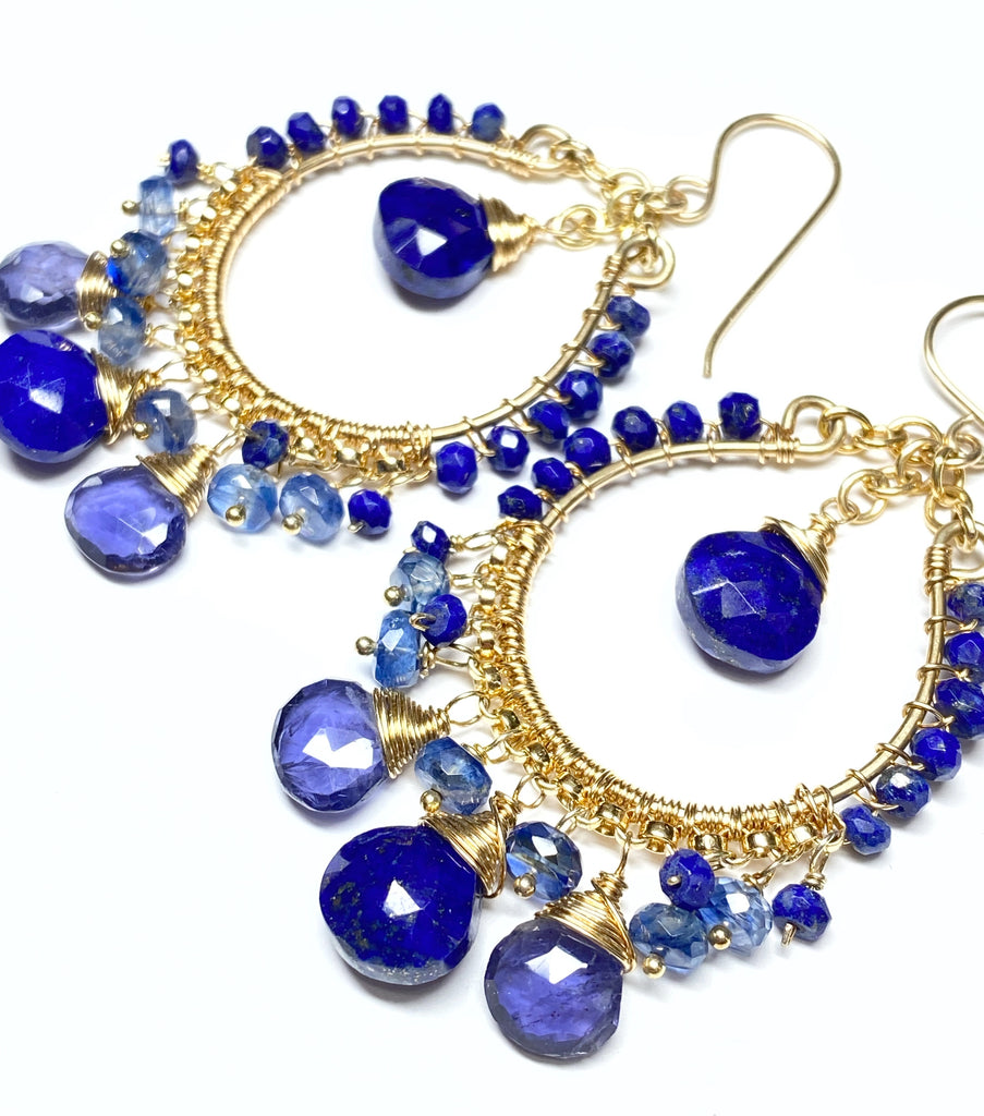 Blue Gemstone Gold Hoop Chandelier Earrings Lapis Kyanite Iolite