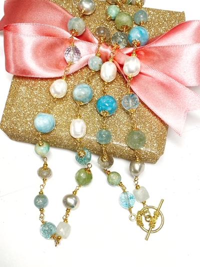 Aquamarine Pearl Long Wire Wrap Necklace Gold Moonstone