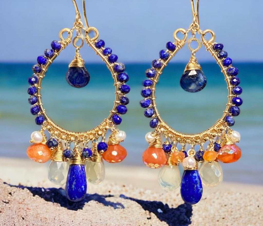 Blue Lapis Gold Fill Hoop Earrings Mystic Carnelian & Fire Opal