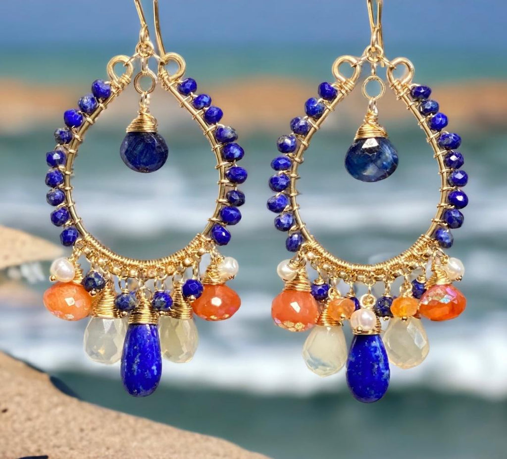 Blue Lapis Gold Fill Hoop Earrings Mystic Carnelian & Fire Opal