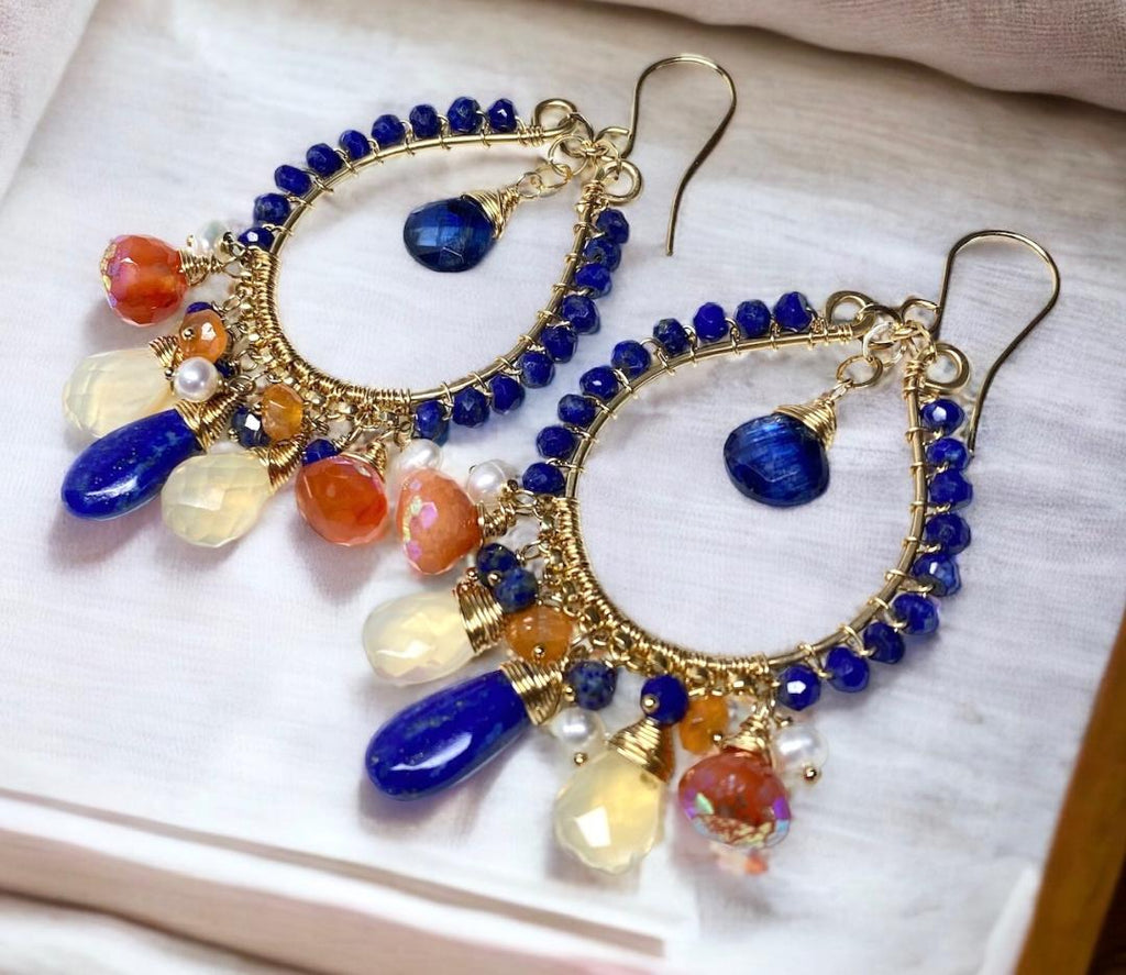 Blue Lapis Gold Fill Hoop Earrings Mystic Carnelian & Fire Opal