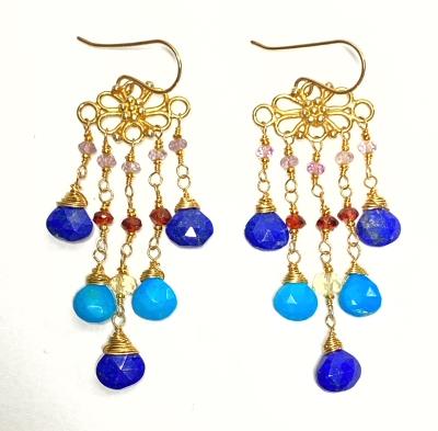 Turquoise, Blue Lapis and Garnet Chandelier Earring - doolittlejewelry