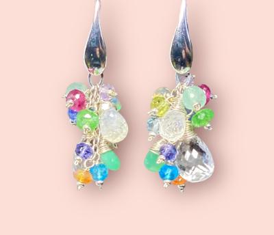 Crystal Quartz Dangle Earrings with Multi Gemstone Cluster Sterling Silver 4