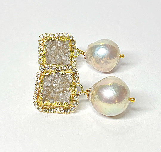 Silver Druzy Crystal and Baroque Pearl Dangle Earrings