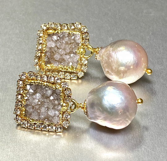Silver Druzy Crystal and Baroque Pearl Dangle Earrings