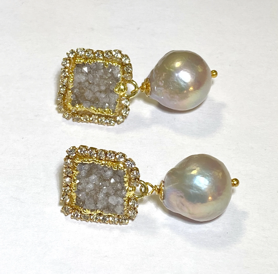 Silver Druzy Crystal and Baroque Pearl Dangle Earrings