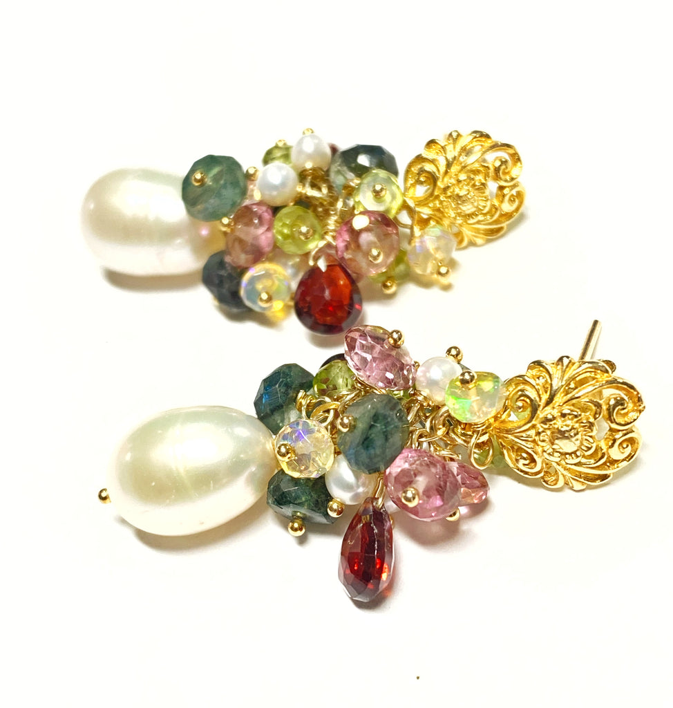 Pearl and Colorful Gemstone Cluster Earrings