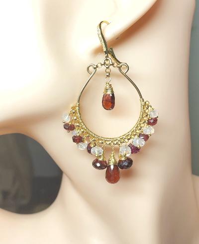 Red Garnet Gold Hoop Earrings Rainbow Moonstone