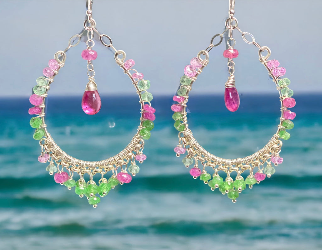 Sterling Silver Pink Sapphire Tsavorite Hoop Earrings