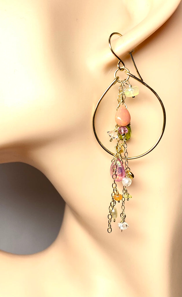 Gold Fill Hoop Earrings with Multi Gemstone Dangles, Opals, Peridot