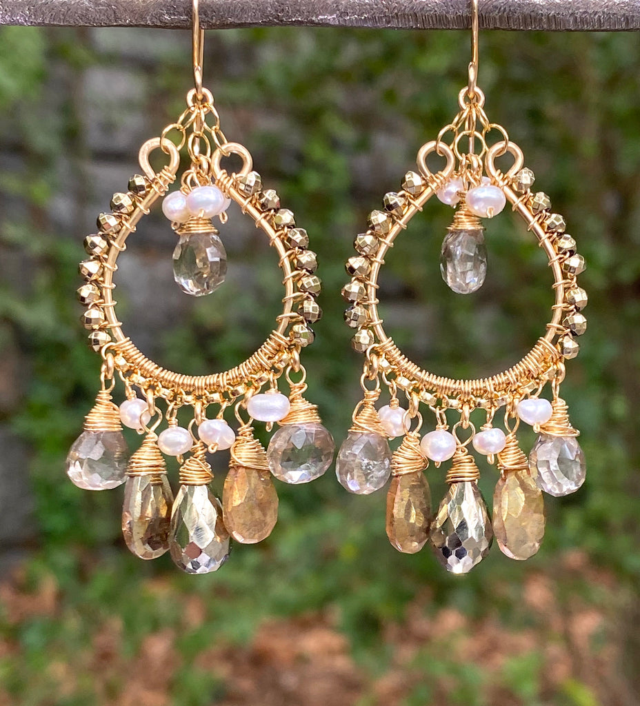 Gold Hoop Earrings with Pyrite, Gold Labradorite, Smokey Quartz Post Style