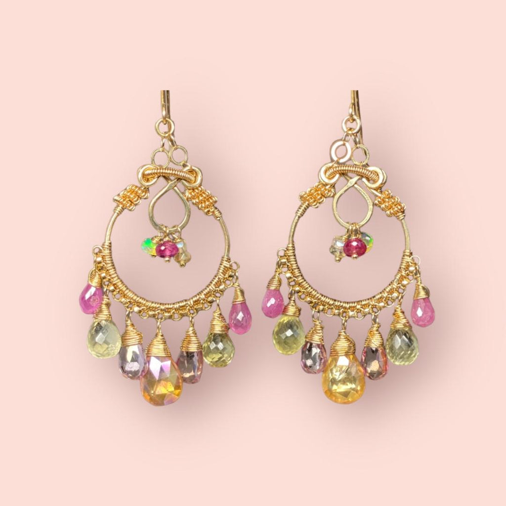 Gemstone Hoop Chandelier Earrings Gold Pastel Pink Topaz & Sapphire