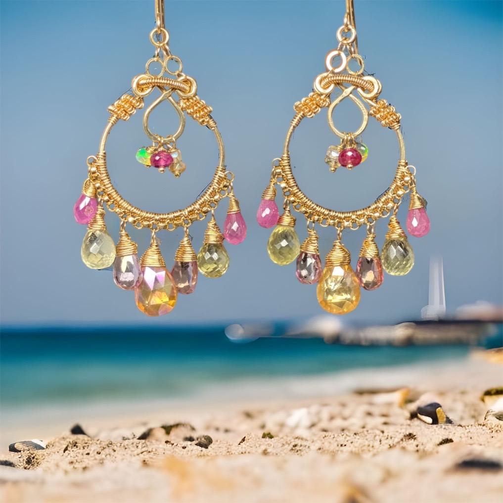 Gemstone Hoop Chandelier Earrings Gold Pastel Pink Topaz & Sapphire
