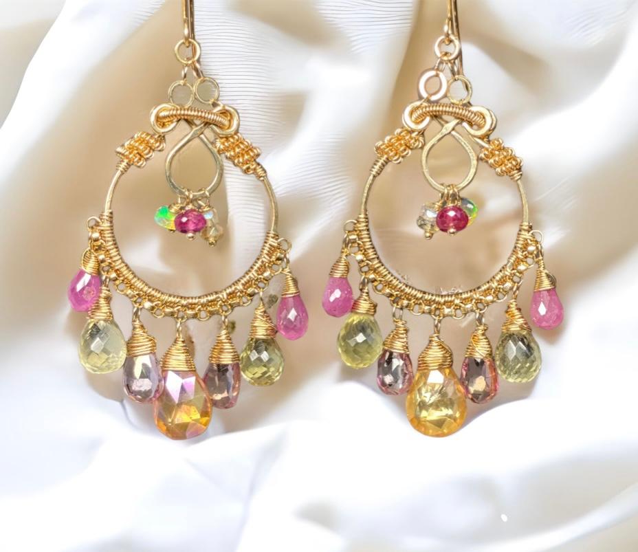 Gemstone Hoop Chandelier Earrings Gold Pastel Pink Topaz & Sapphire