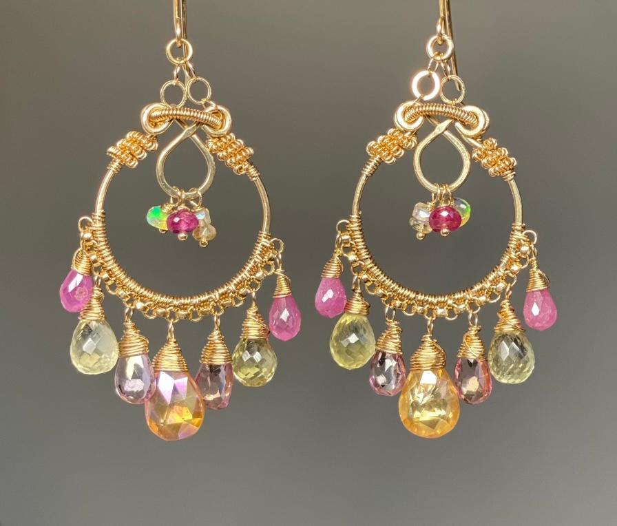 Gemstone Hoop Chandelier Earrings Gold Pastel Pink Topaz & Sapphire