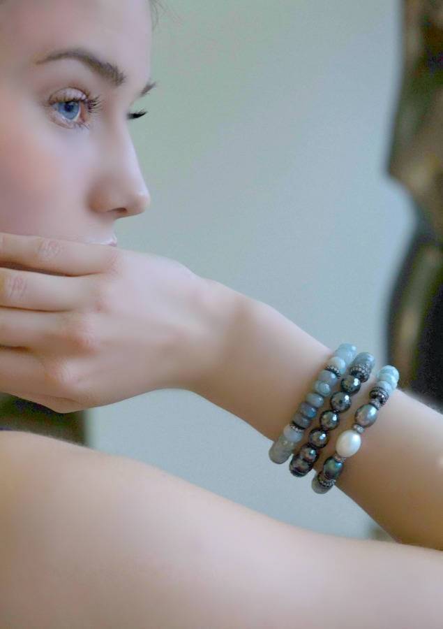 Aquamarine, Labradorite Gemstone Stack and Stretch Layering Bracelets Set - doolittlejewelry