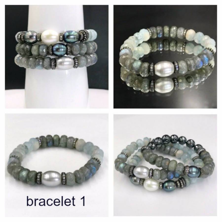 Aquamarine, Labradorite Gemstone Stack and Stretch Layering Bracelets Set - doolittlejewelry