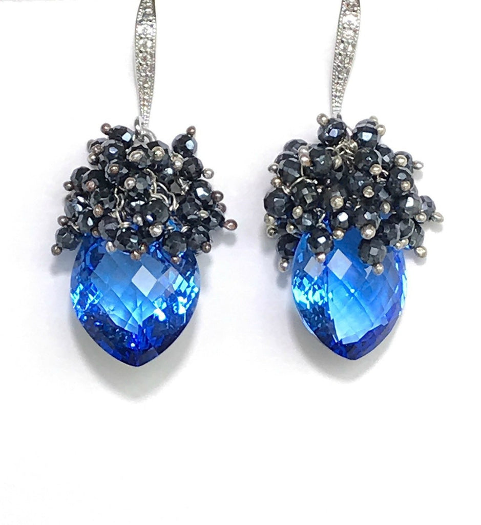 Blue Topaz and Black Spinel Cluster Earrings Sterling Silver - doolittlejewelry