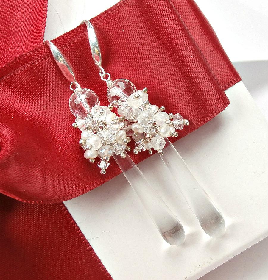 Pearl Cluster Long Crystal Quartz Drop Wedding Earrings - doolittlejewelry