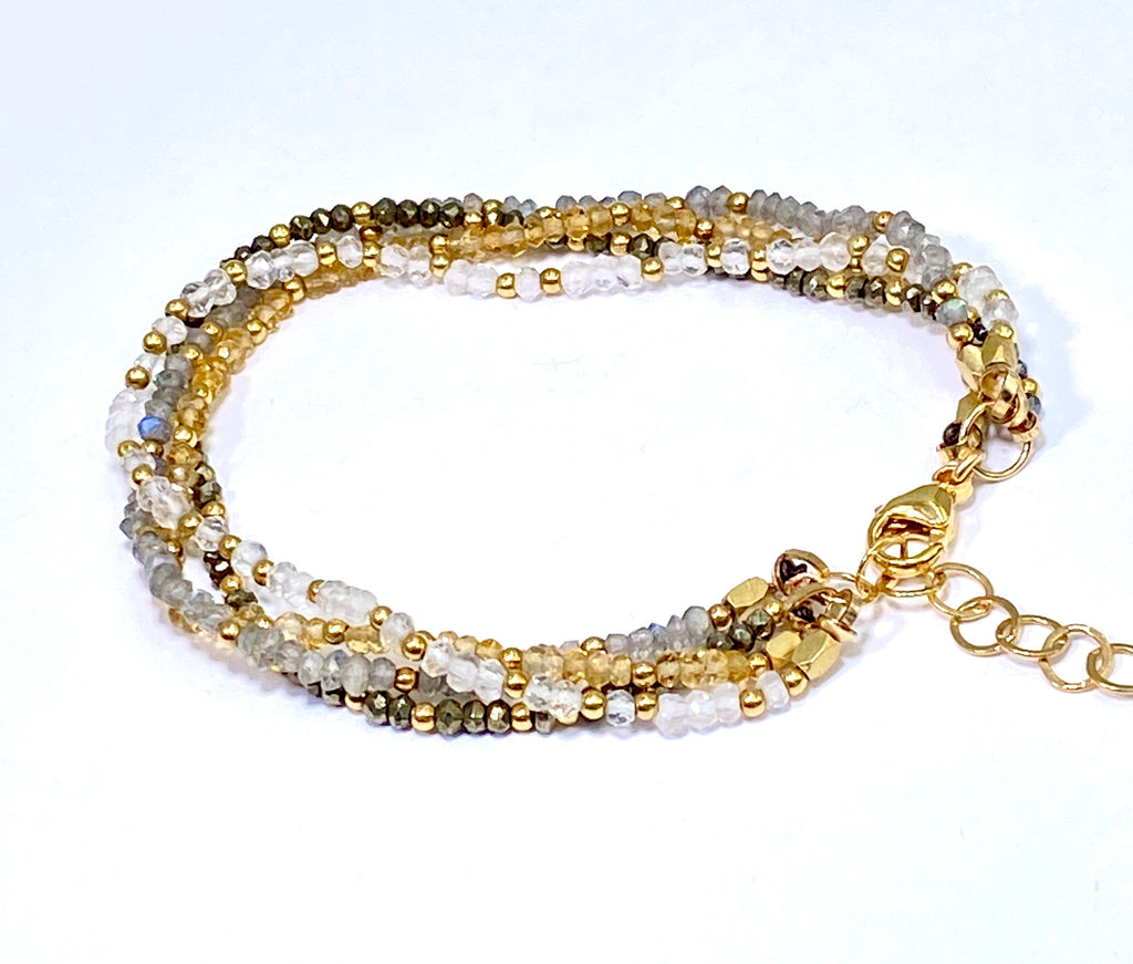 Multi-strand Gemstone Dainty Beaded Bracelet Citrine Labradorite Moonstone Pyrite - doolittlejewelry