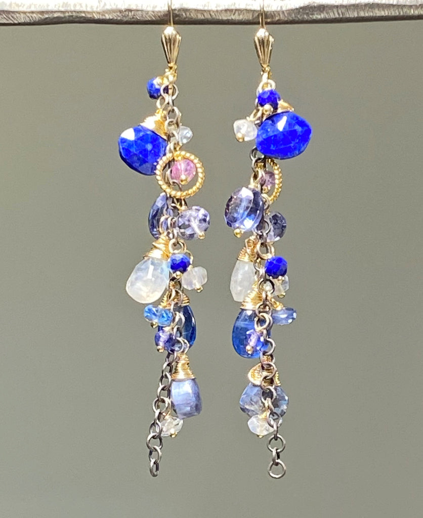 Blue Dangle Earrings Lapis Kyanite Mixed Metals