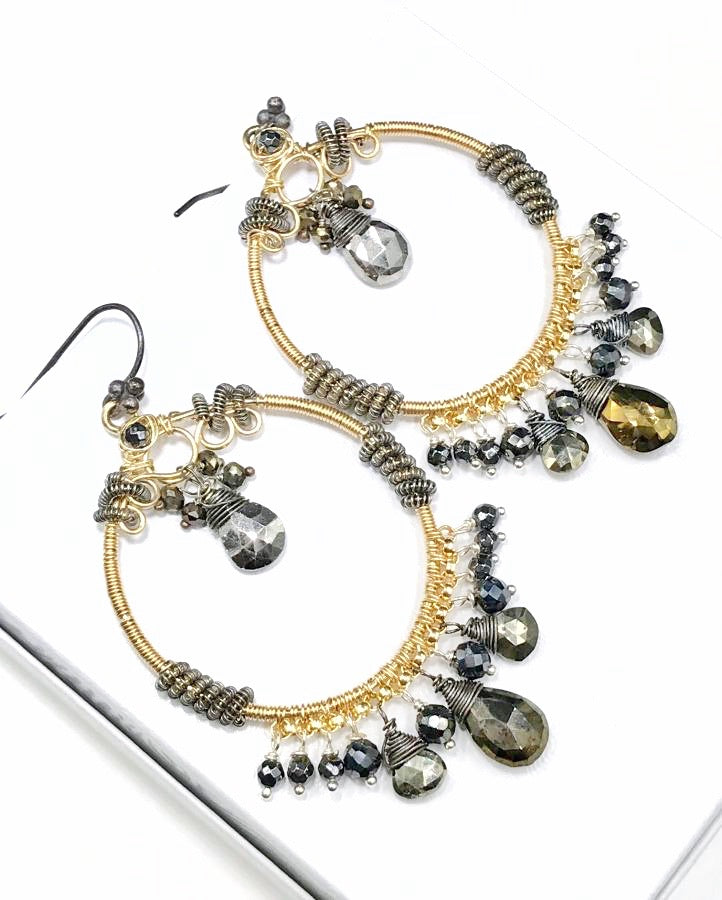 Gold Hoop Earrings with Pyrite Mixed Metals Coiled Silver