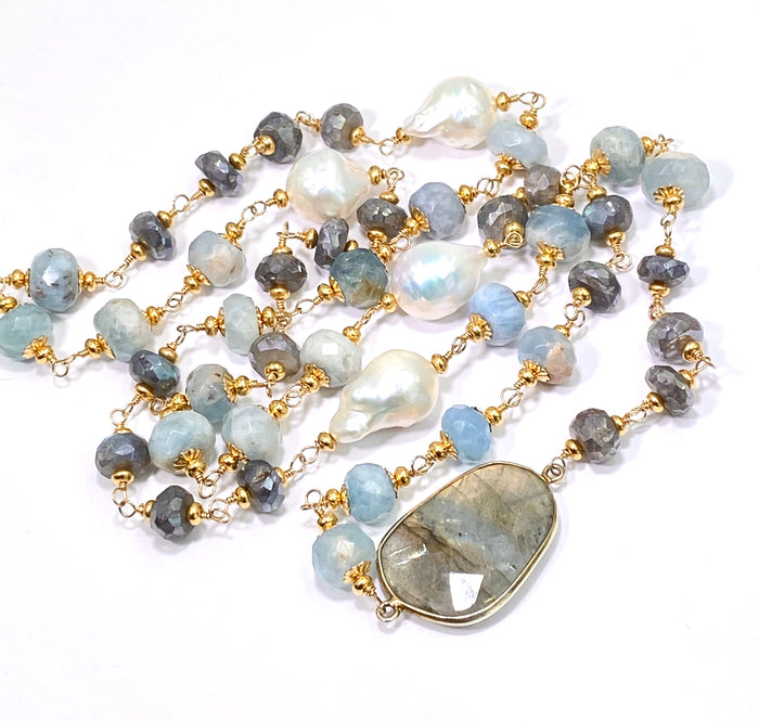 Aquamarine, Labradorite, Pearl Long Wire Wrapped Necklace - doolittlejewelry