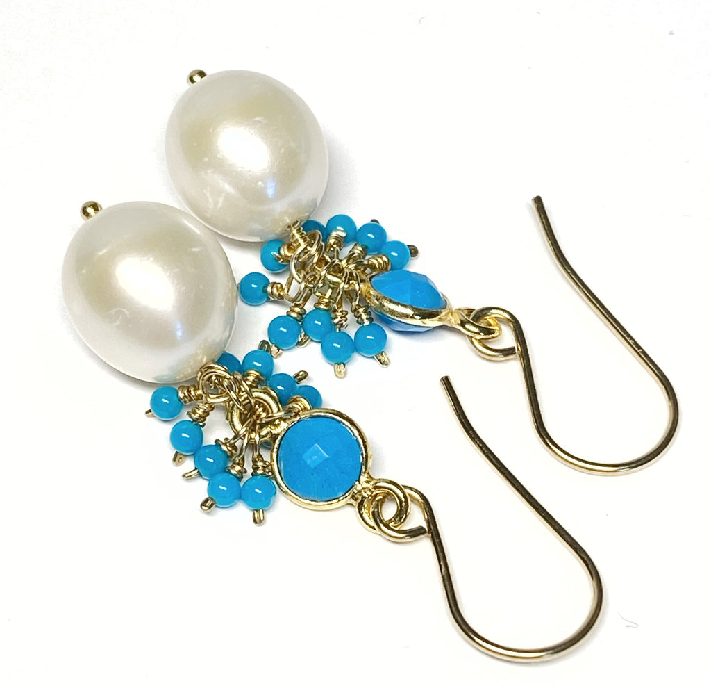 Pearl, Turquoise Gemstone Cluster and Dangle Earrings