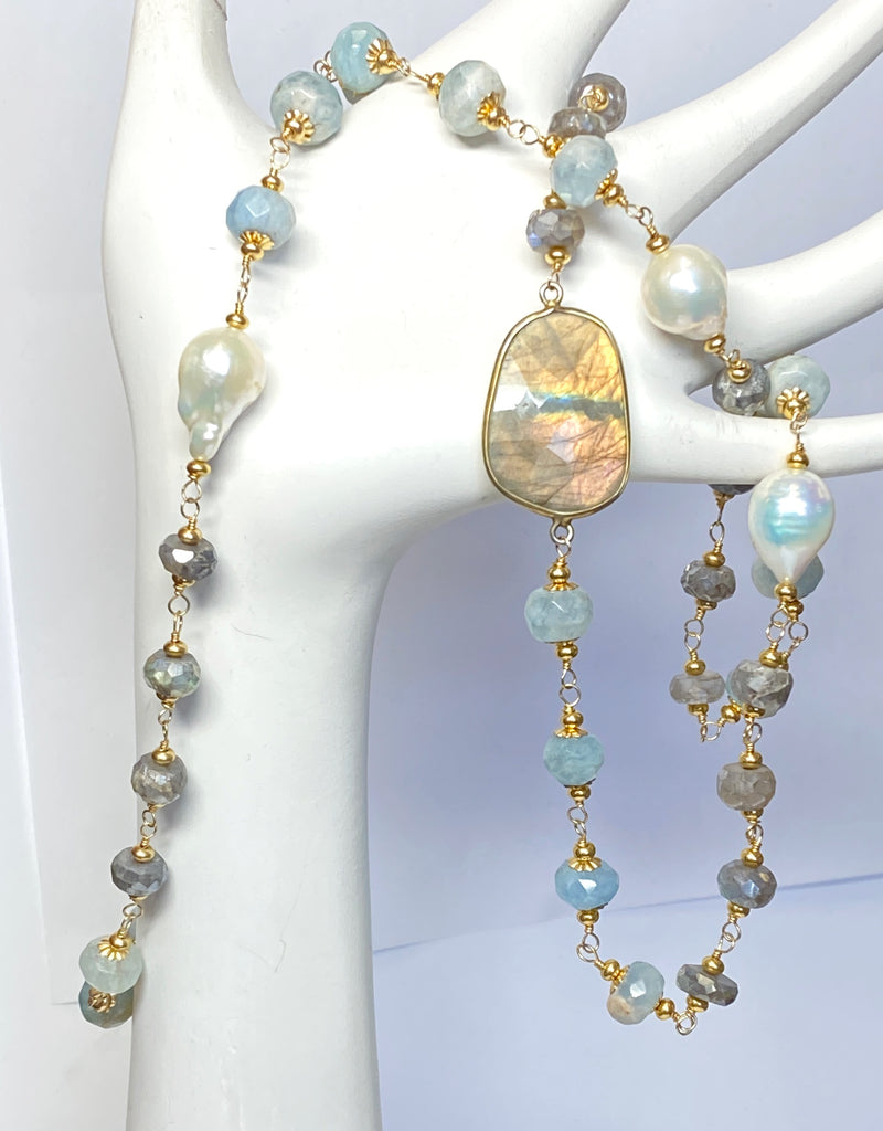 Aquamarine, Labradorite, Pearl Long Wire Wrapped Necklace