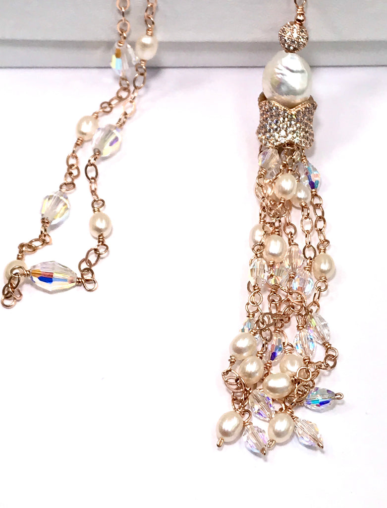 Rose Gold, Pearl and Swarovski Crystal Tassel Necklace - doolittlejewelry