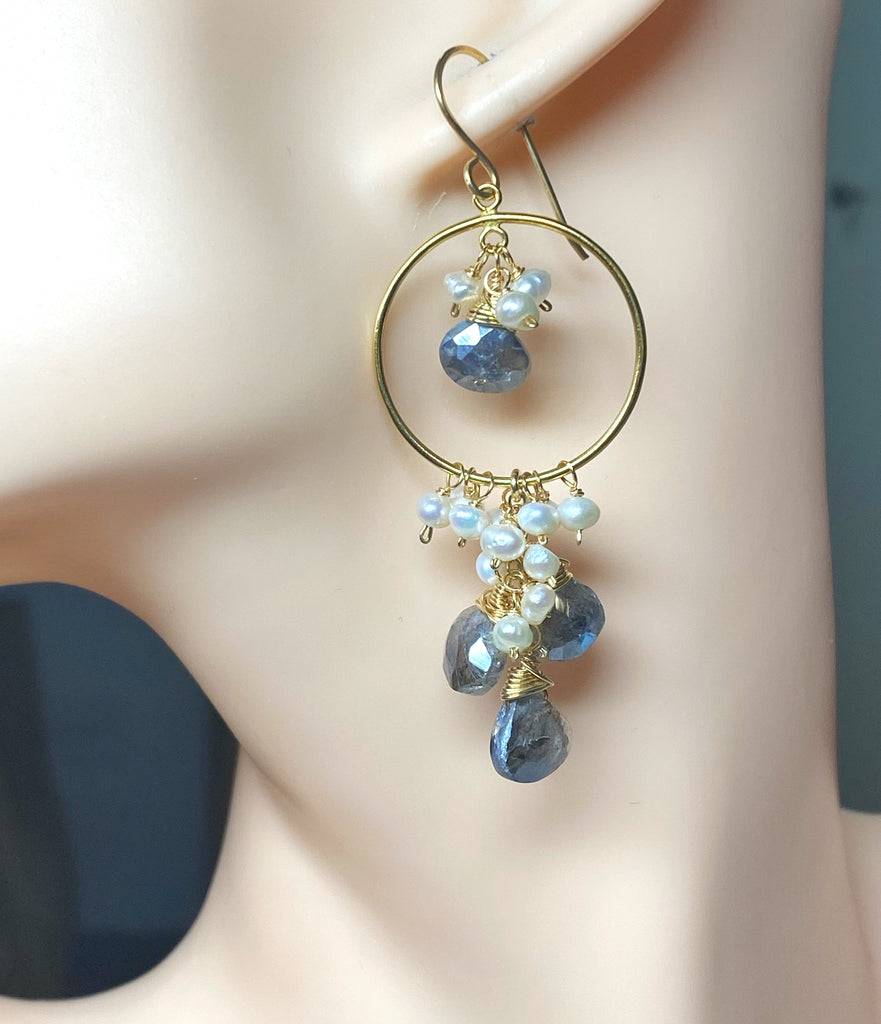 Mystic Grey Labradorite Gold Fill Hoop Earrings Pearl Cluster