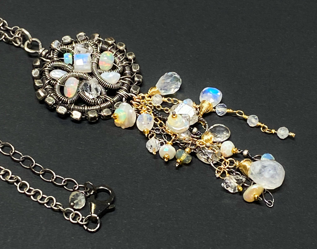 Opal, Moonstone, Crystal Oxidized Silver Coiled Pendant Necklace
