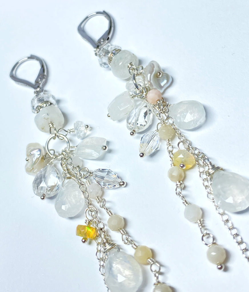 Rainbow Moonstone Long Boho Earrings Crystal Quartz Sterling Silver