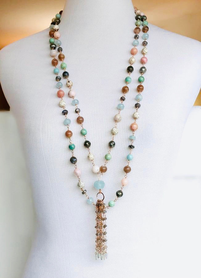 Multi-stone Long Tassel Rose Gold Necklace - doolittlejewelry