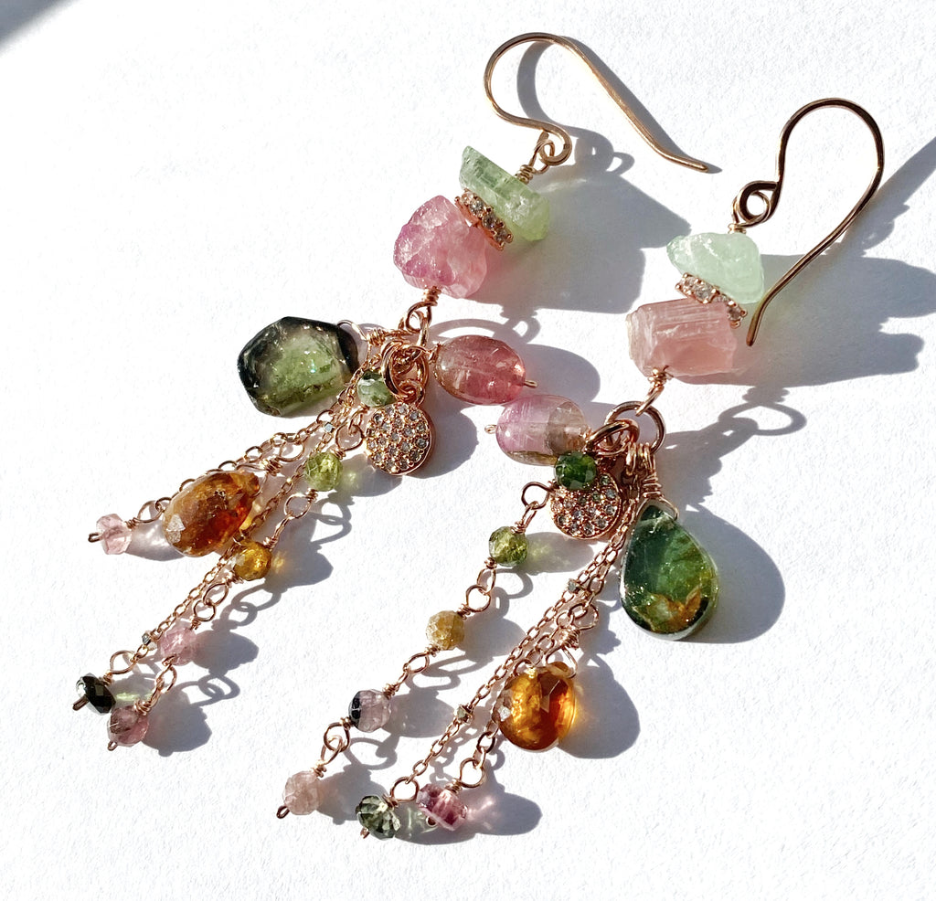 Tourmaline Dangle Earrings Rose Gold Pink Green Watermelon