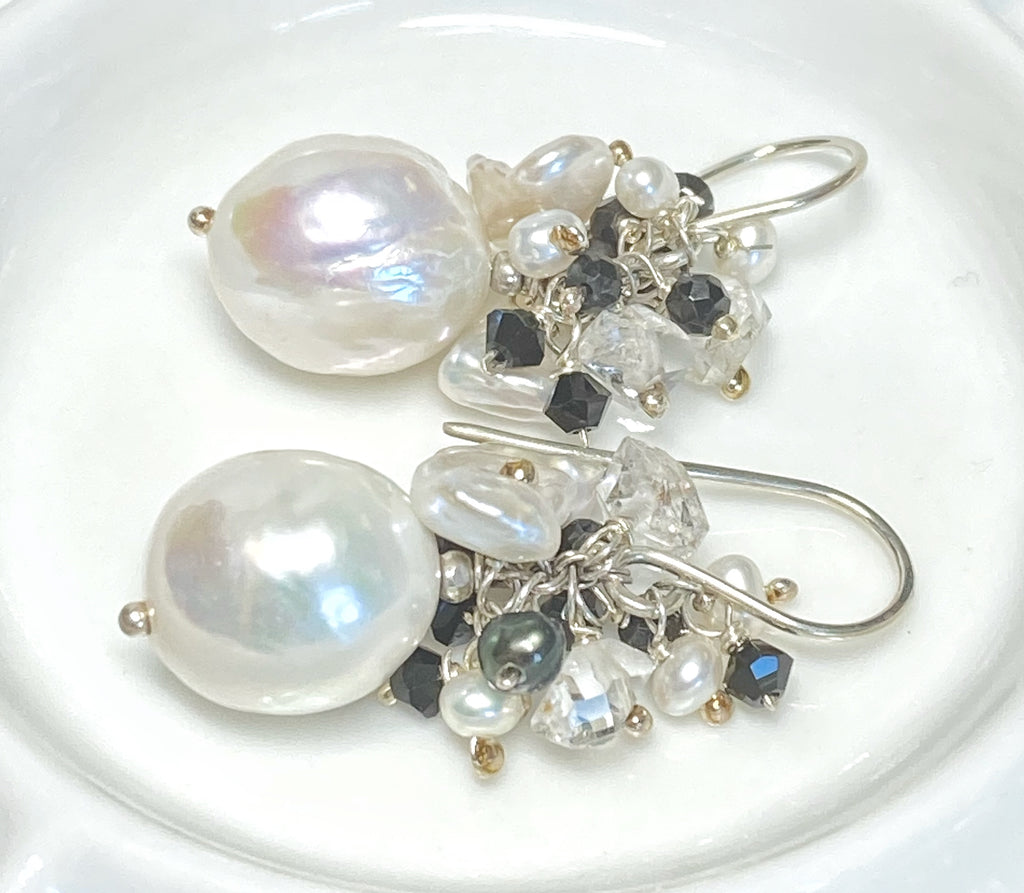 White Edison Pearl Cluster Earrings with Herkimer Diamond, Black Spinel
