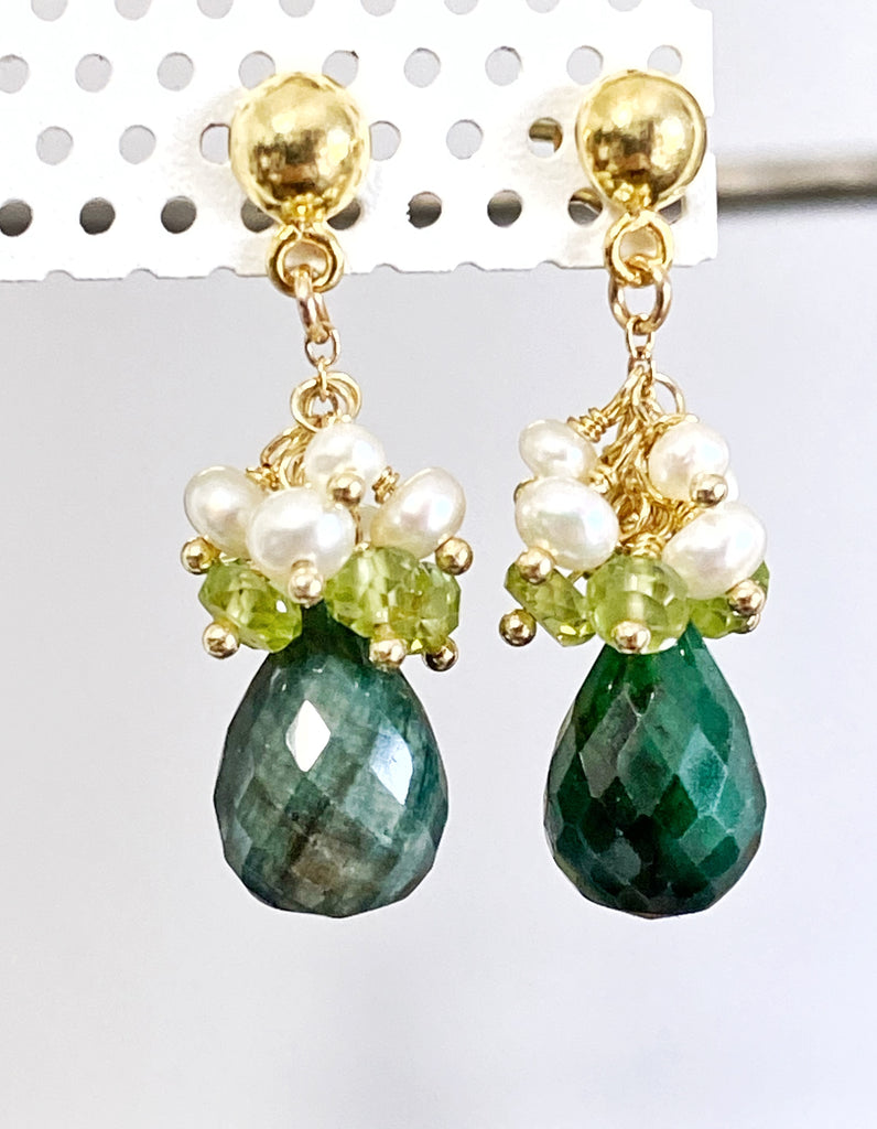 Emerald and Peridot Pearl Cluster Earrings Gold