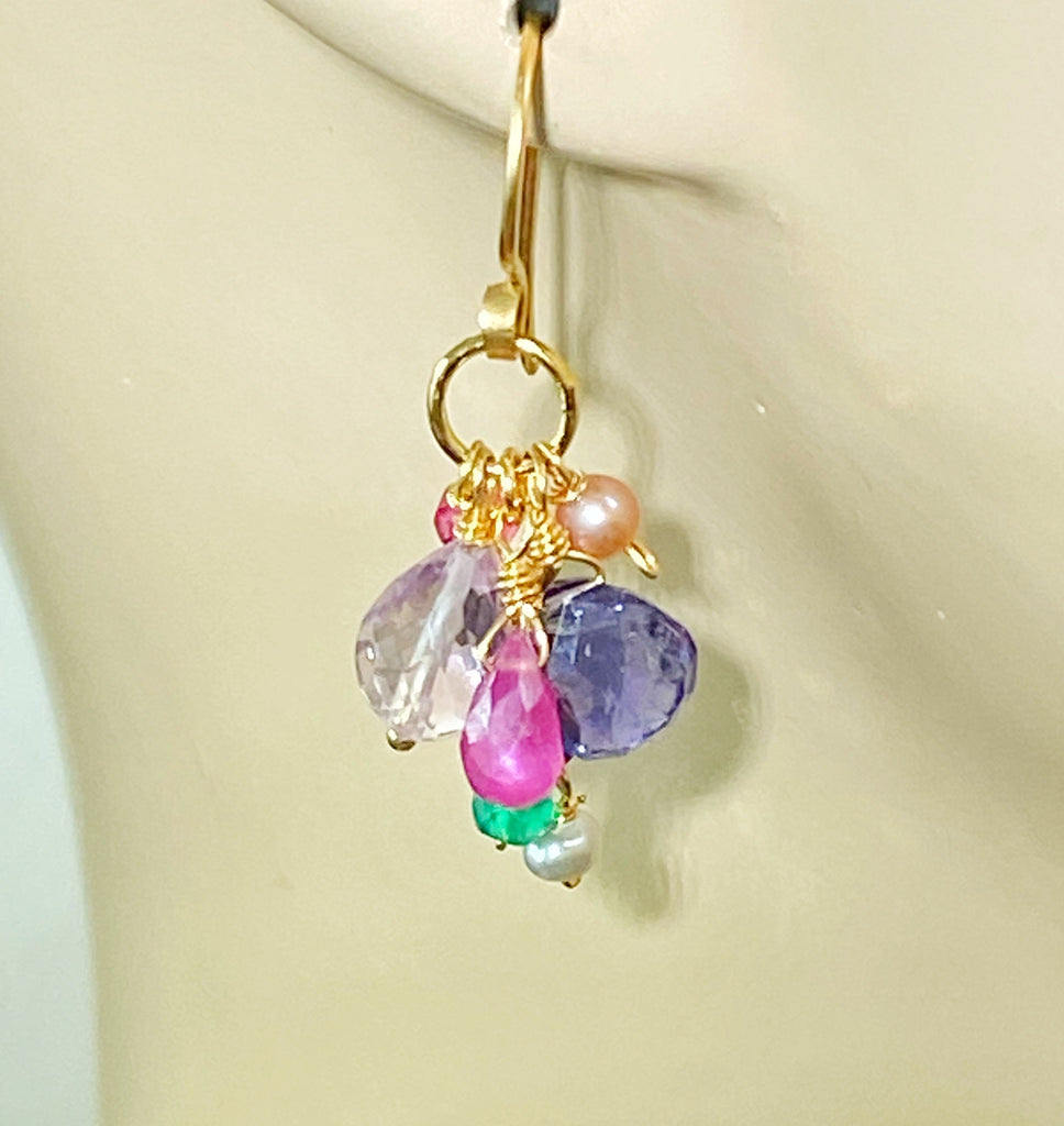 Multicolor Gemstone Dangle Earrings Pink Sapphire Gold Fill