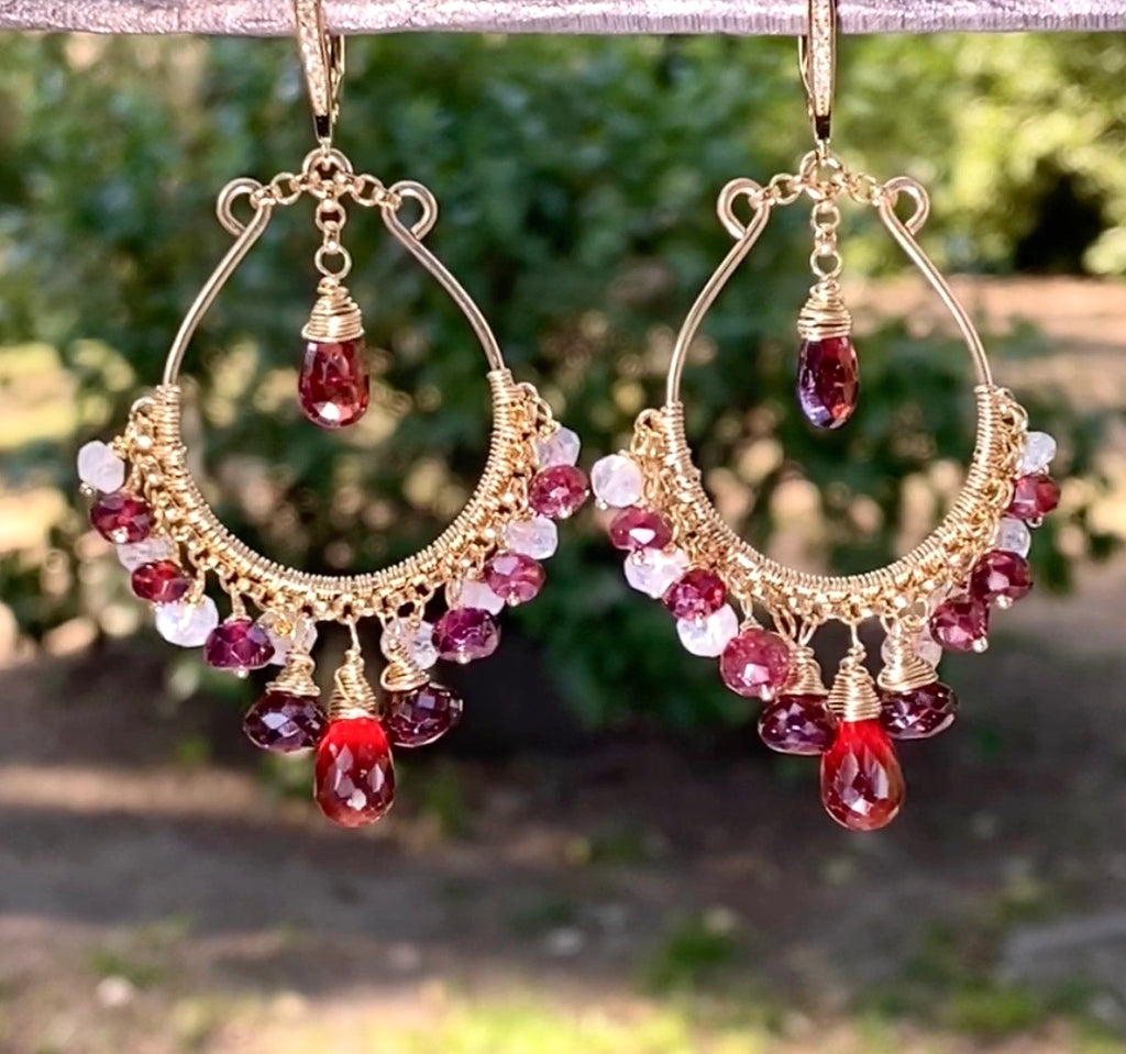 Red Garnet Gold Hoop Earrings Rainbow Moonstone