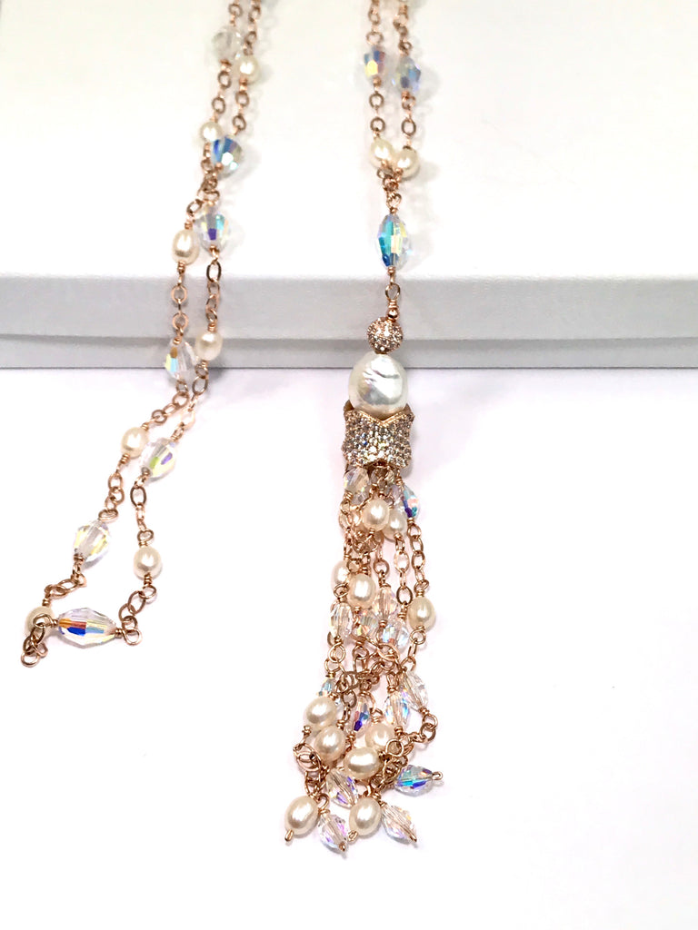 Rose Gold, Pearl and Swarovski Crystal Tassel Necklace - doolittlejewelry