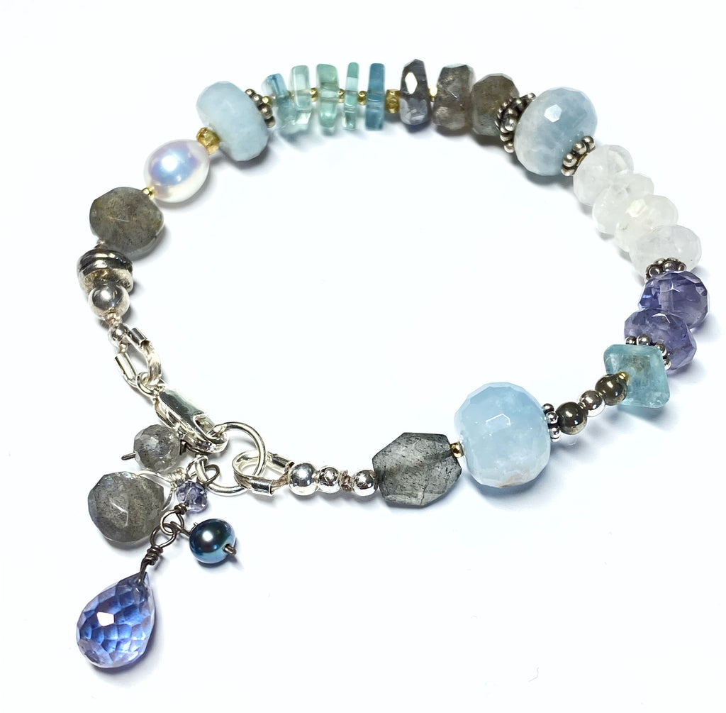 Blue Gray Gemstone Silk Knotted Bracelet Sterling Silver 2