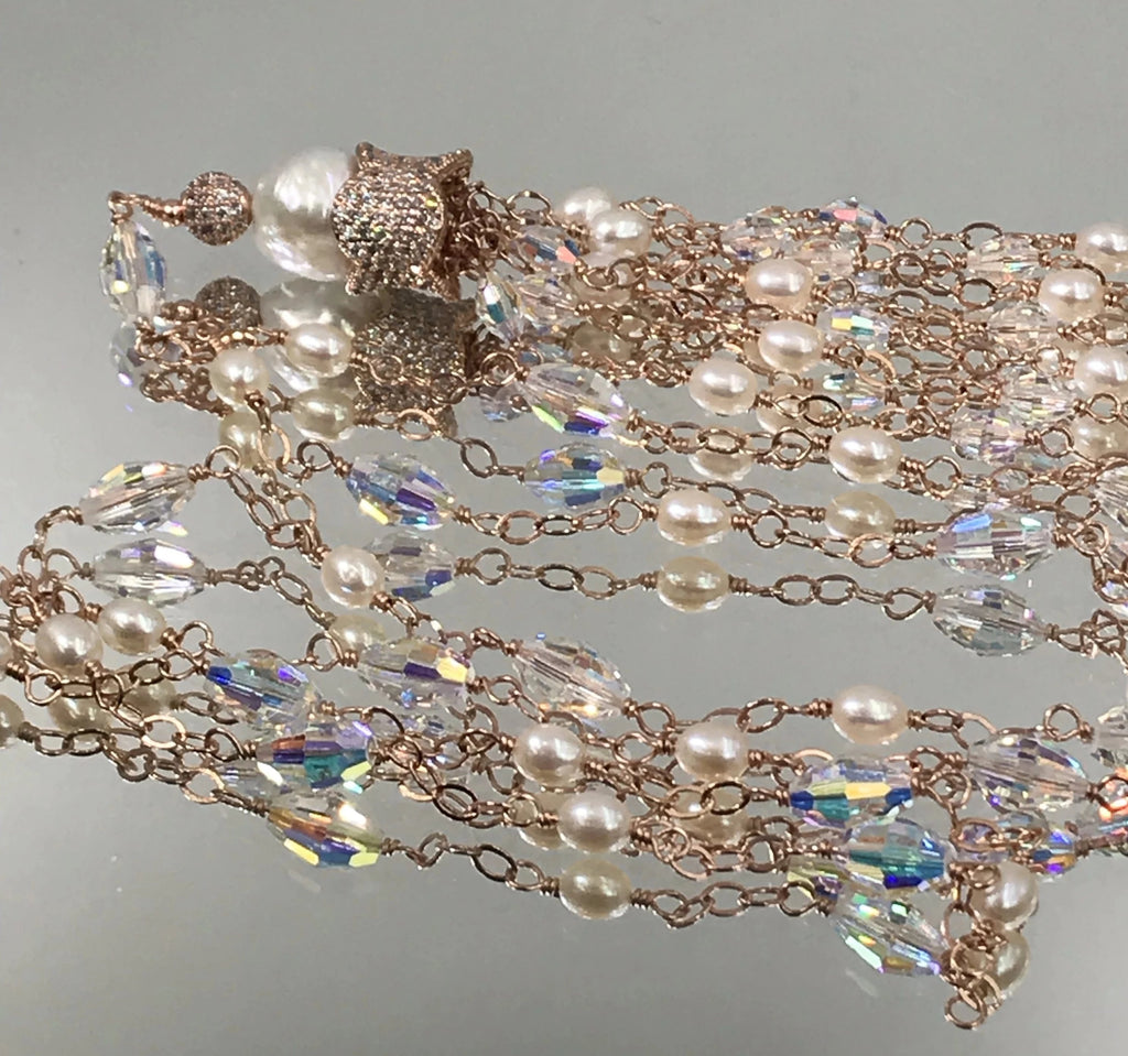 Rose Gold, Pearl and Swarovski Crystal Tassel Necklace - doolittlejewelry