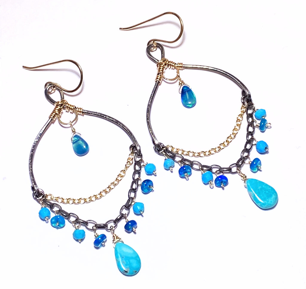 blue opal and kingman turquoise mixed metal chandelier earrings handmade