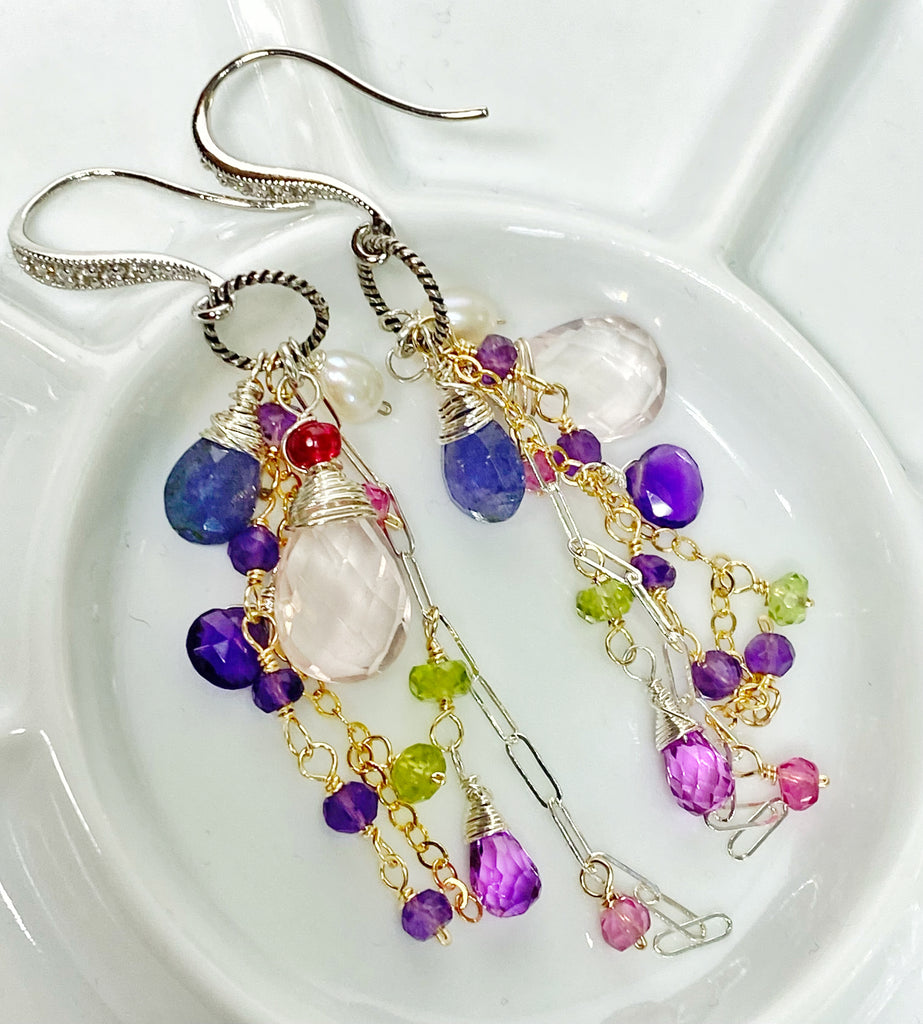 Rose Quartz Multi Gem Dangle Earrings Tanzanite, Violet, Sterling
