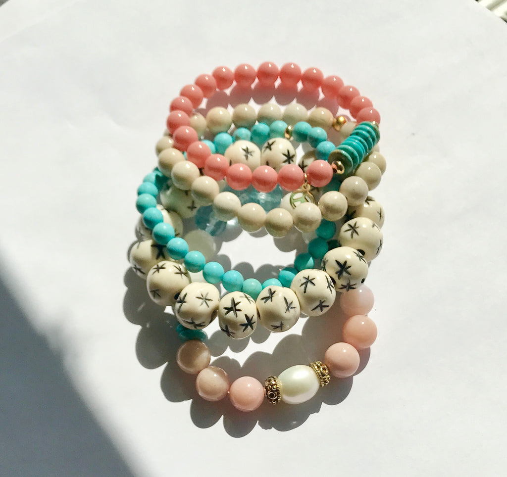 Turquoise Coral Stack Bracelet Set of 3 Boho Style - doolittlejewelry